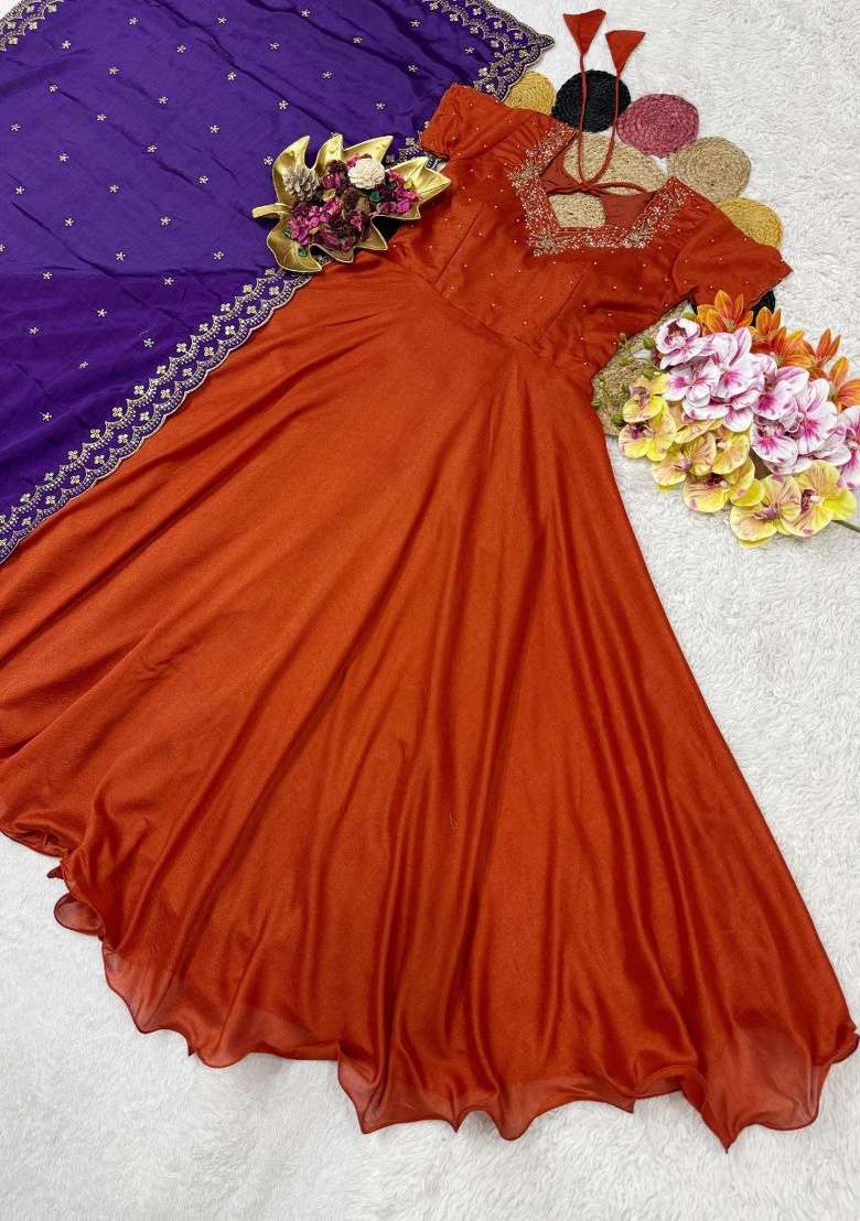 Orange Embroidery Silk Blend Kurta Set - Indya