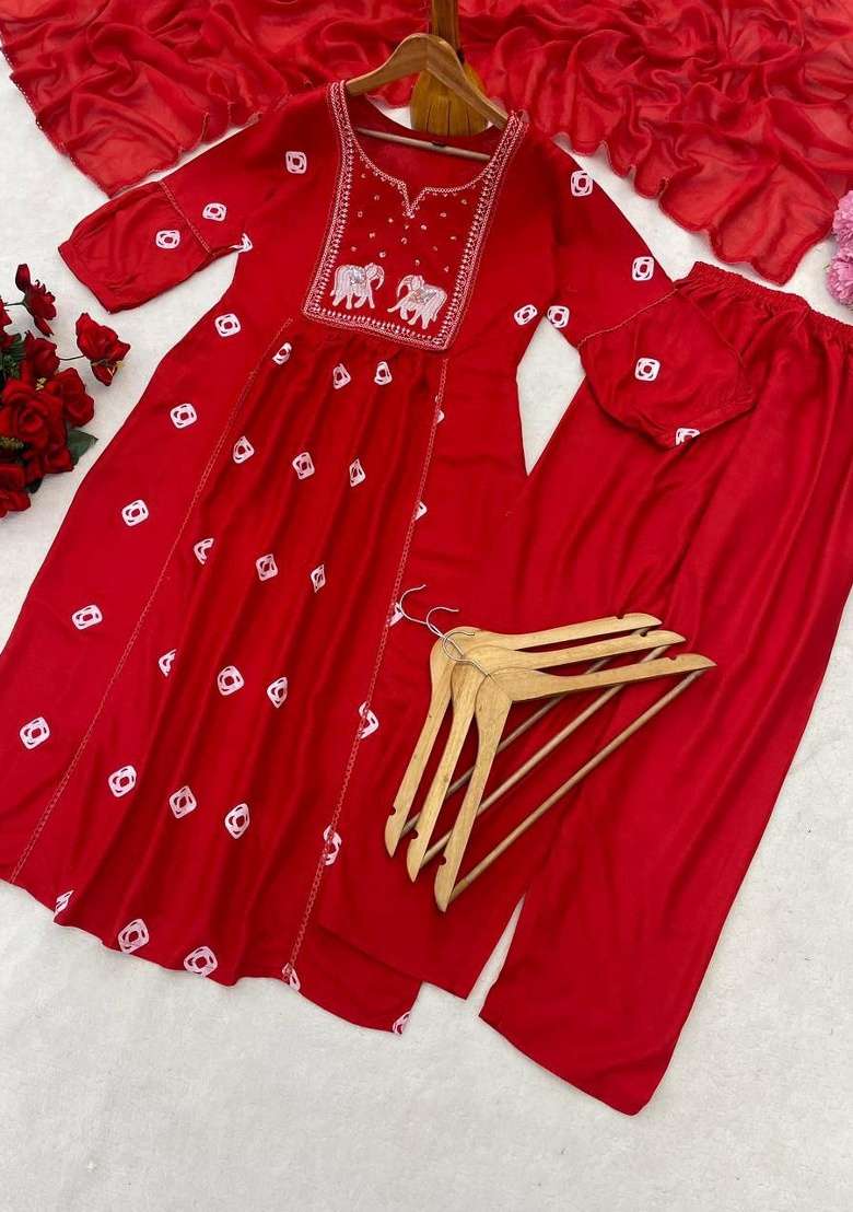 Red Embroidery Rayon Kurta Set - Indya
