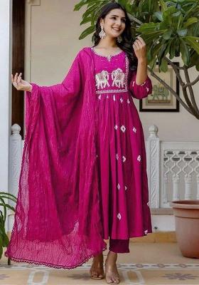 Rani Pink Embroidery Rayon Kurta Set