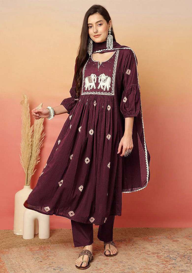 Purple Embroidery Rayon Kurta Set - Indya
