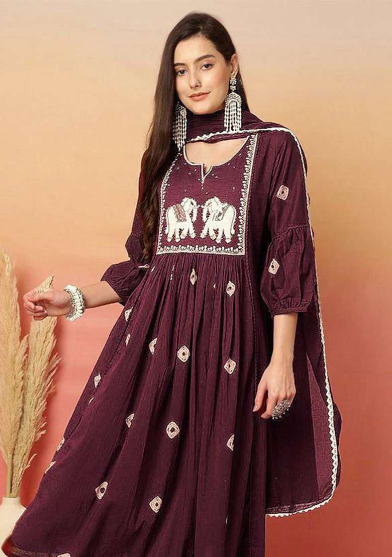 Purple Embroidery Rayon Kurta Set - Indya