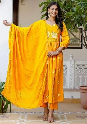 Yellow Embroidery Rayon Kurta Set