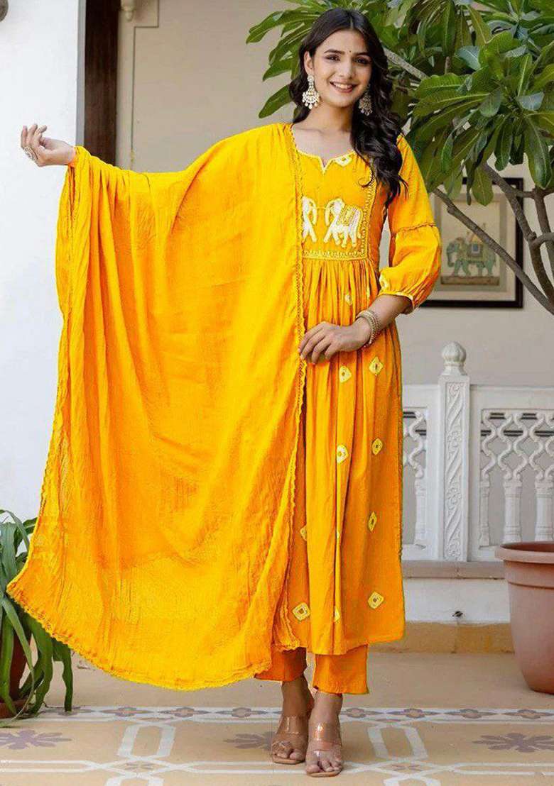 Yellow Embroidery Rayon Kurta Set - Indya