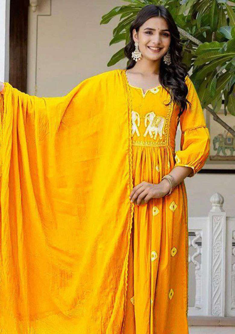 Yellow Embroidery Rayon Kurta Set - Indya