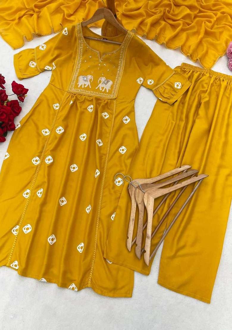 Yellow Embroidery Rayon Kurta Set - Indya