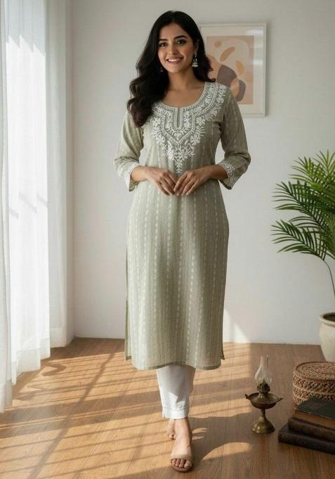 Grey Embroidery Cotton Kurta Set