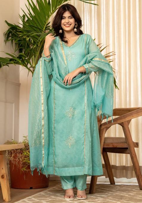 Blue Embroidery Chanderi Kurta Set