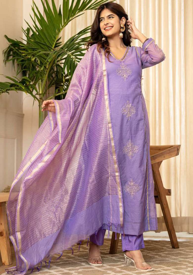 Lavender Embroidery Chanderi Kurta Set - Indya