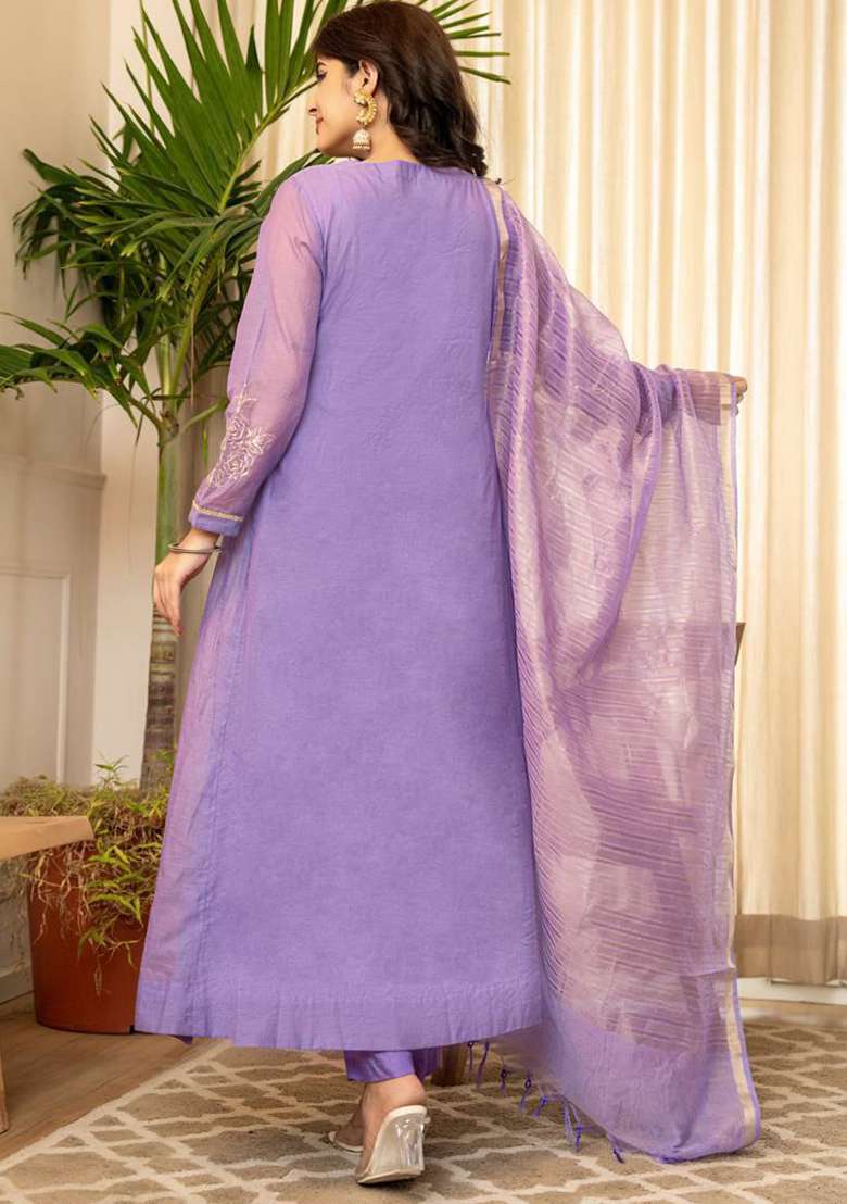 Lavender Embroidery Chanderi Kurta Set - Indya