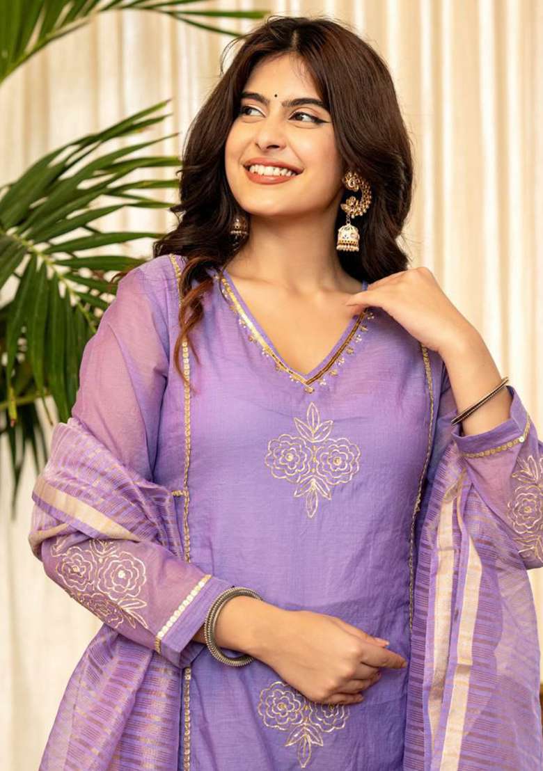 Lavender Embroidery Chanderi Kurta Set - Indya