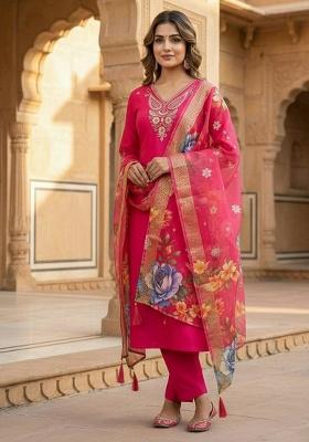 Pink Embroidery Silk Kurta Set