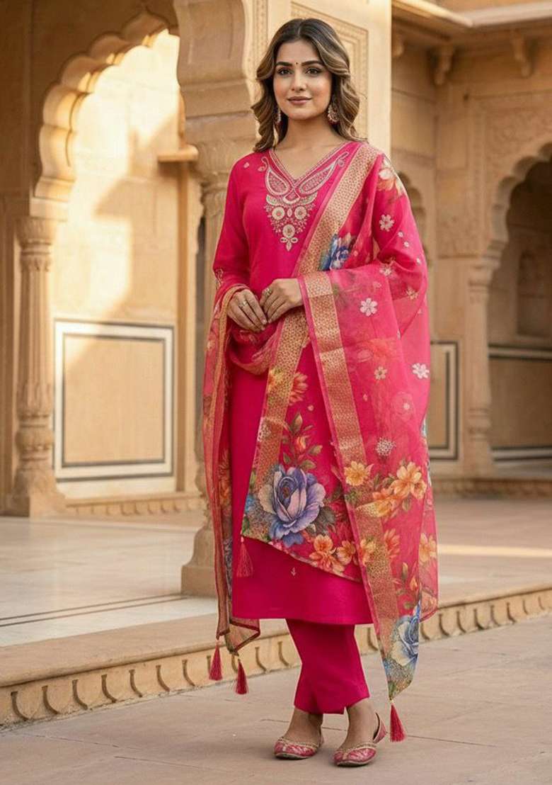 Pink Embroidery Silk Blend Kurta Set - Indya
