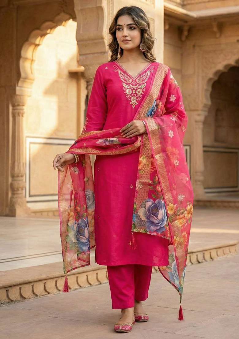 Pink Embroidery Silk Blend Kurta Set - Indya