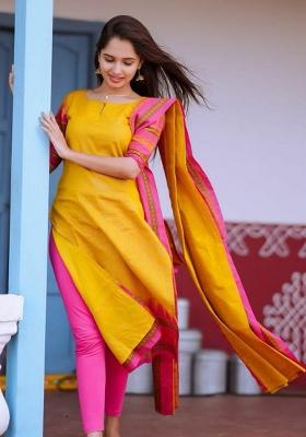 Yellow Embroidery Cotton Kurta Set