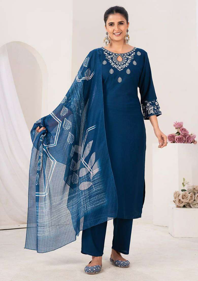 Blue Embroidery Rayon Kurta Set - Indya