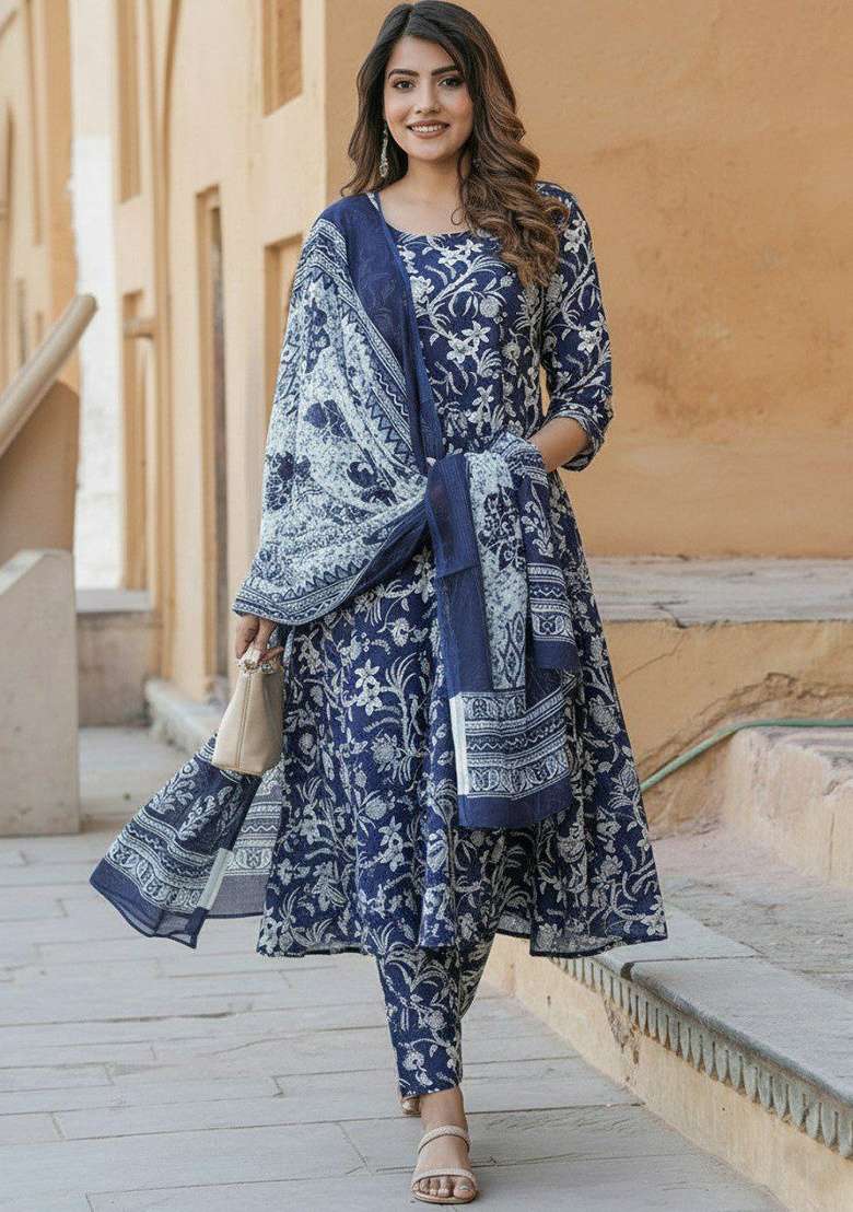 Blue Embroidery Rayon Kurta Set - Indya