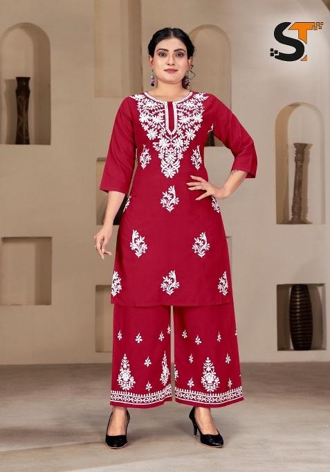 Red Embroidery Rayon Kurta Set