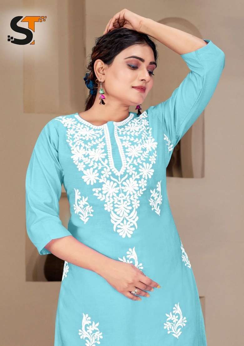 Sky Blue Embroidery Rayon Kurta Set - Indya