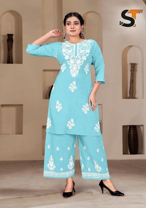 Sky Blue Embroidery Rayon Kurta Set