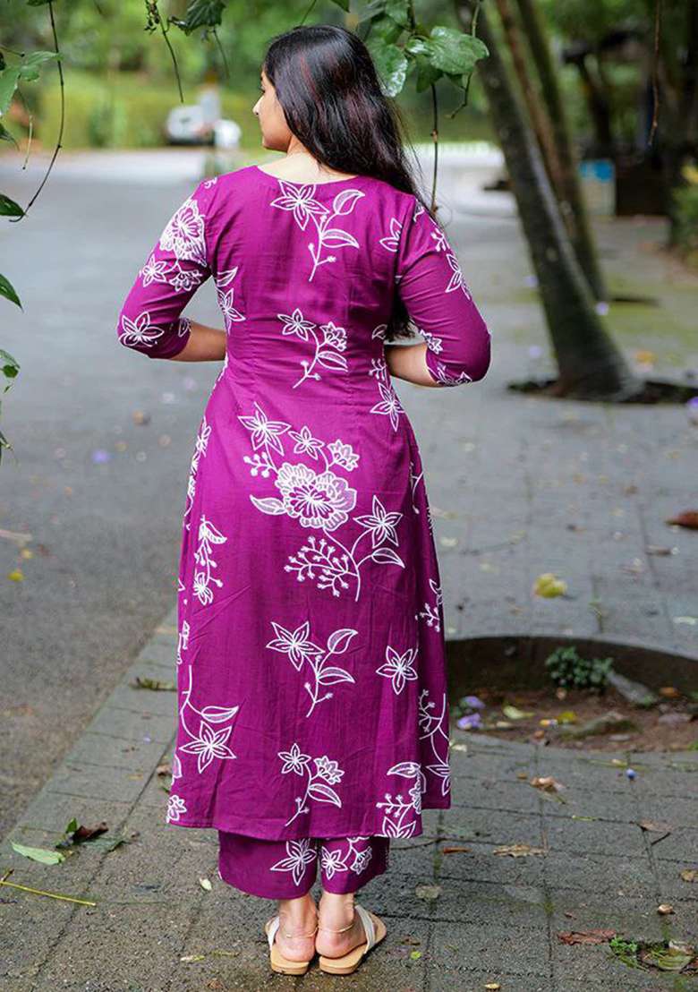 Purple Embroidery Cotton Kurta Set - Indya