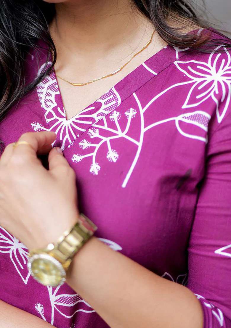 Purple Embroidery Cotton Kurta Set - Indya