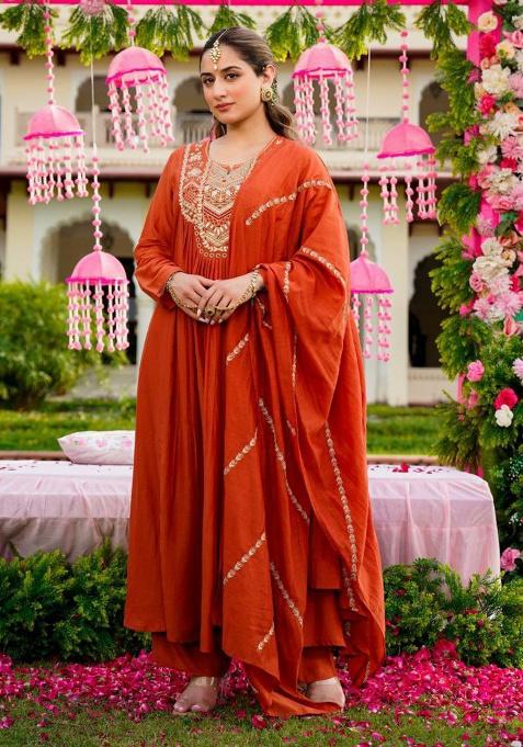 Orange Embroidery Silk Kurta Set