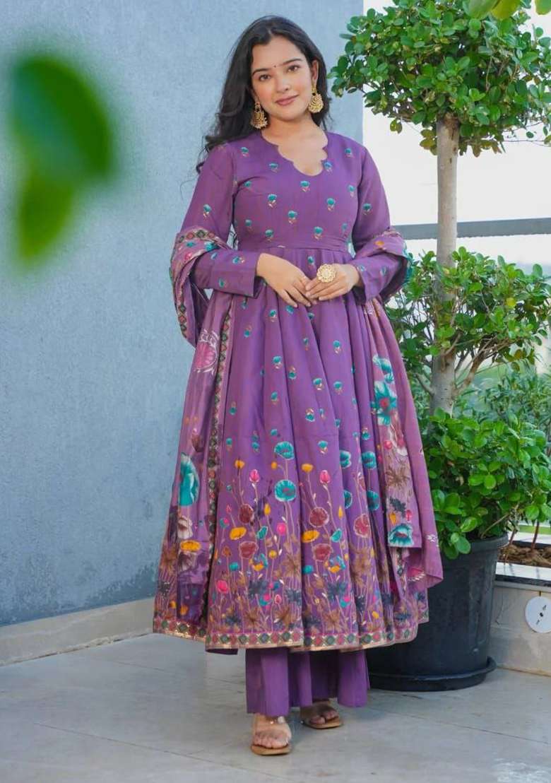 Purple Embroidery Viscose Kurta Set - Indya