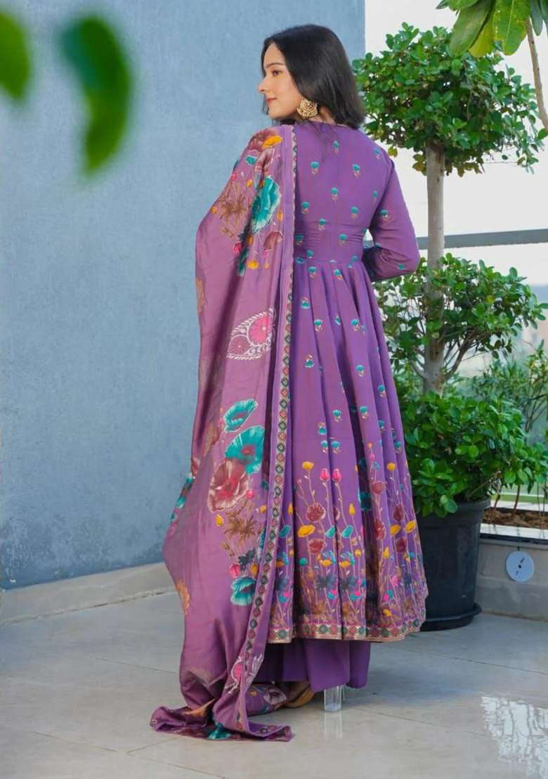 Purple Embroidery Viscose Kurta Set - Indya