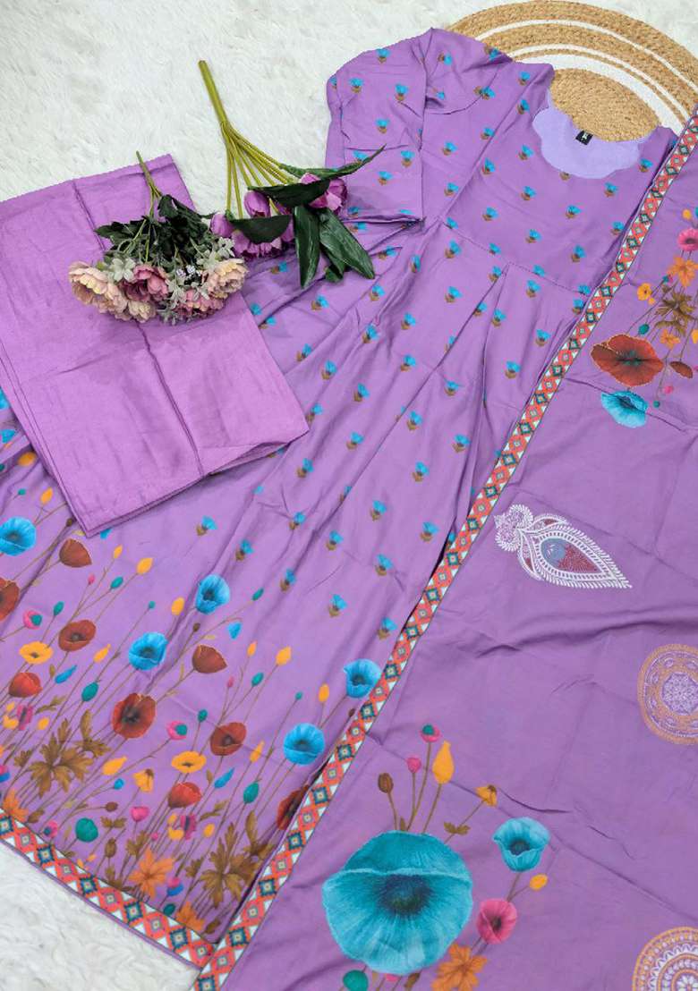 Purple Embroidery Viscose Kurta Set - Indya