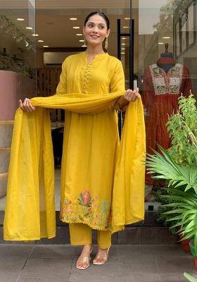 Yellow Embroidery Silk Kurta Set