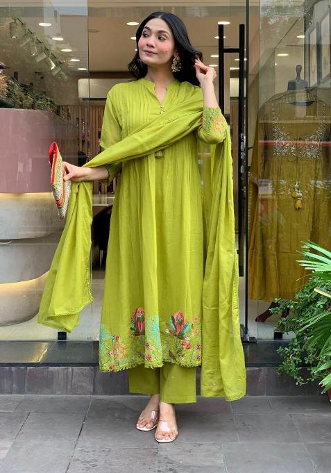 Green Embroidery Silk Kurta Set