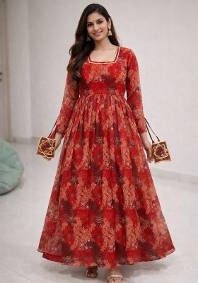 Red Embroidery Georgette Kurta Set