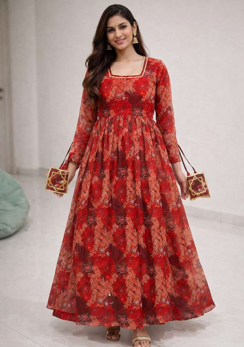 Red Embroidery Georgette Kurta Set - Indya