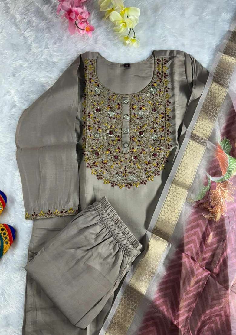 Grey Embroidery Silk Blend Kurta Set - Indya