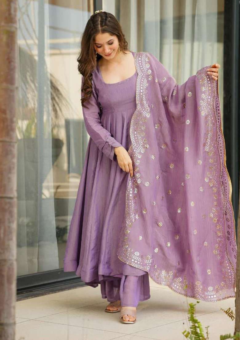Lavender Embroidery Viscose Kurta Set - Indya