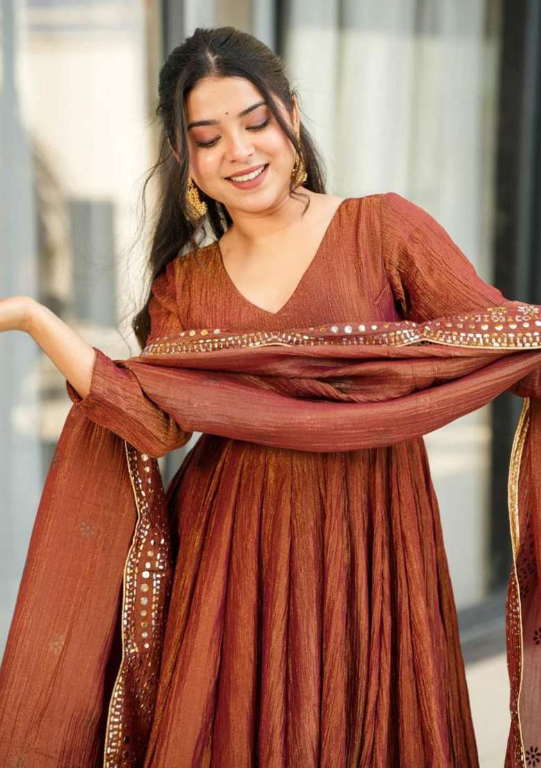 Brown Embroidery Viscose Kurta Set - Indya