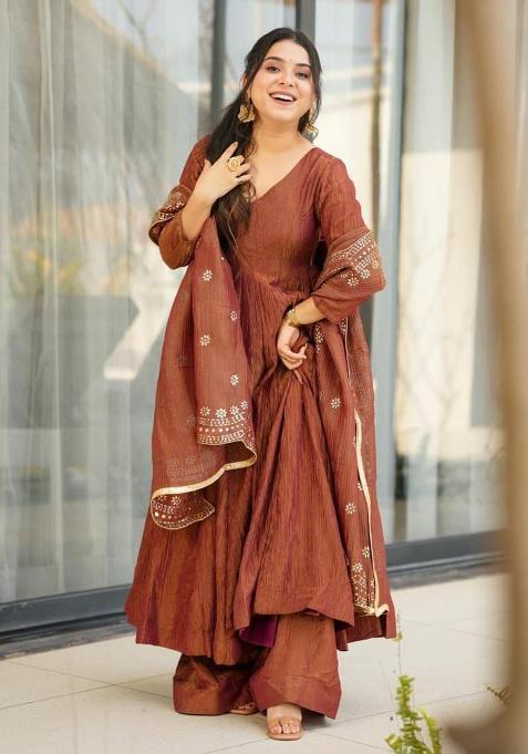 Brown Embroidery Viscose Kurta Set