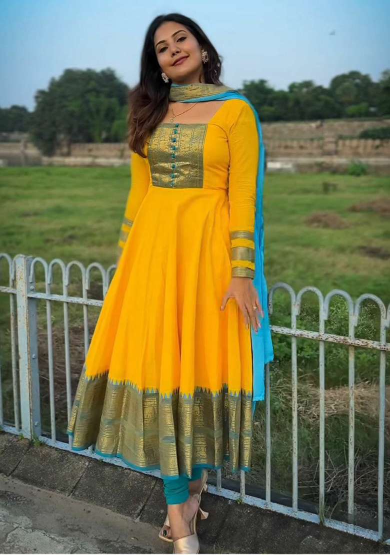 Yellow Embroidery Cotton Kurta Set - Indya