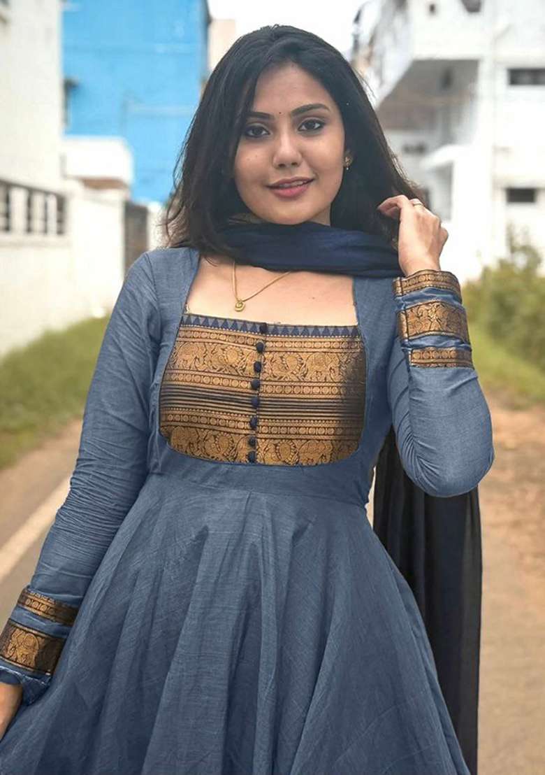 Grey Embroidery Cotton Kurta Set - Indya