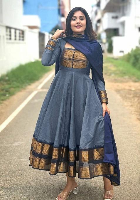 Grey Embroidery Cotton Kurta Set