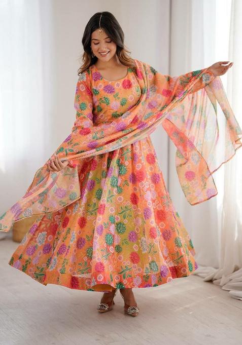Orange Embroidery Organza Kurta Set