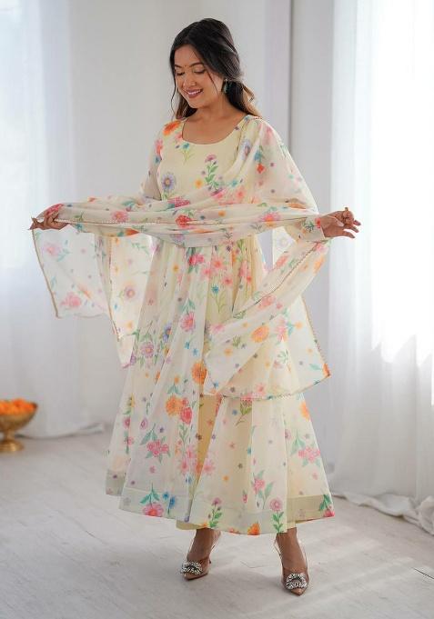 Beige Embroidery Organza Kurta Set