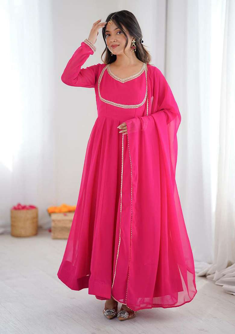 Pink Embroidery Georgette Kurta Set - Indya