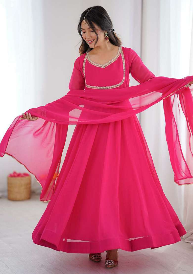 Pink Embroidery Georgette Kurta Set - Indya