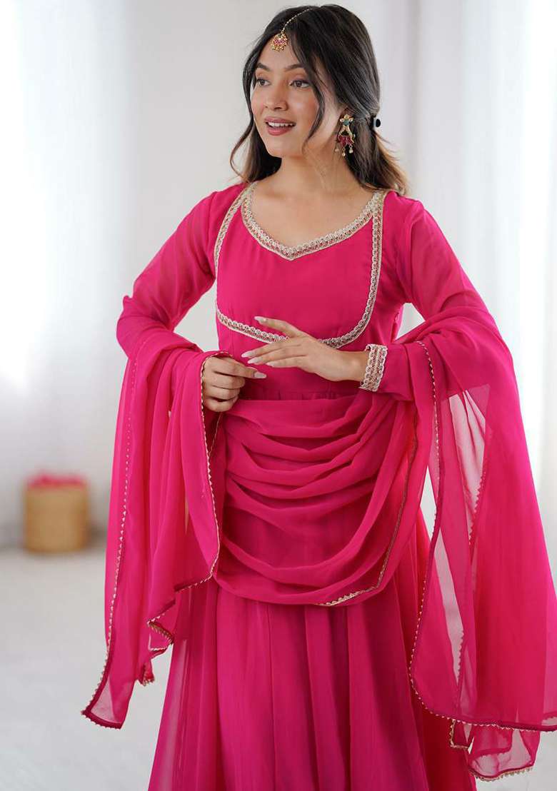 Pink Embroidery Georgette Kurta Set - Indya