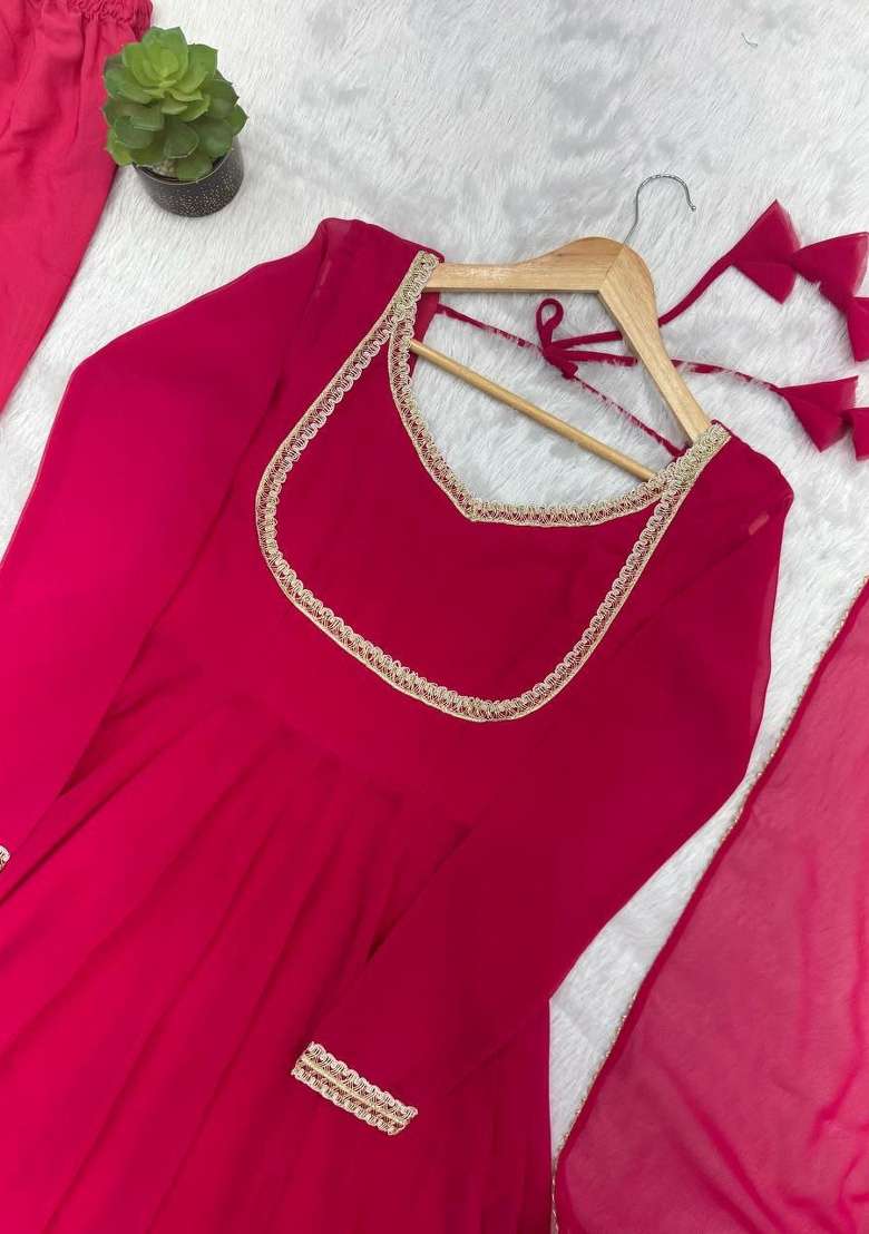 Pink Embroidery Georgette Kurta Set - Indya