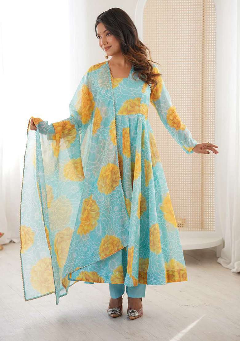 Sky Blue Embroidery Organza Kurta Set - Indya