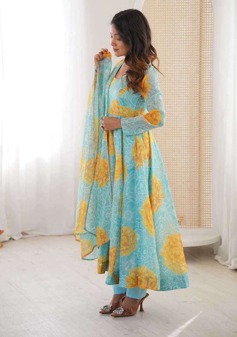 Sky Blue Embroidery Organza Kurta Set - Indya