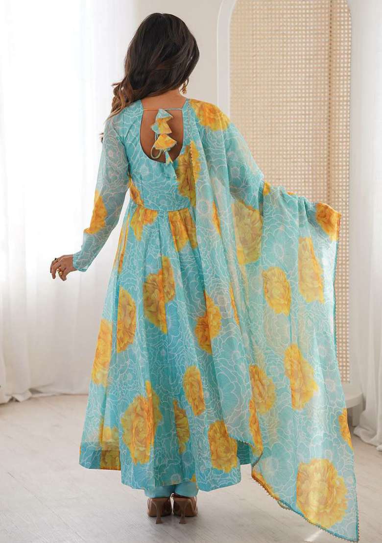 Sky Blue Embroidery Organza Kurta Set - Indya
