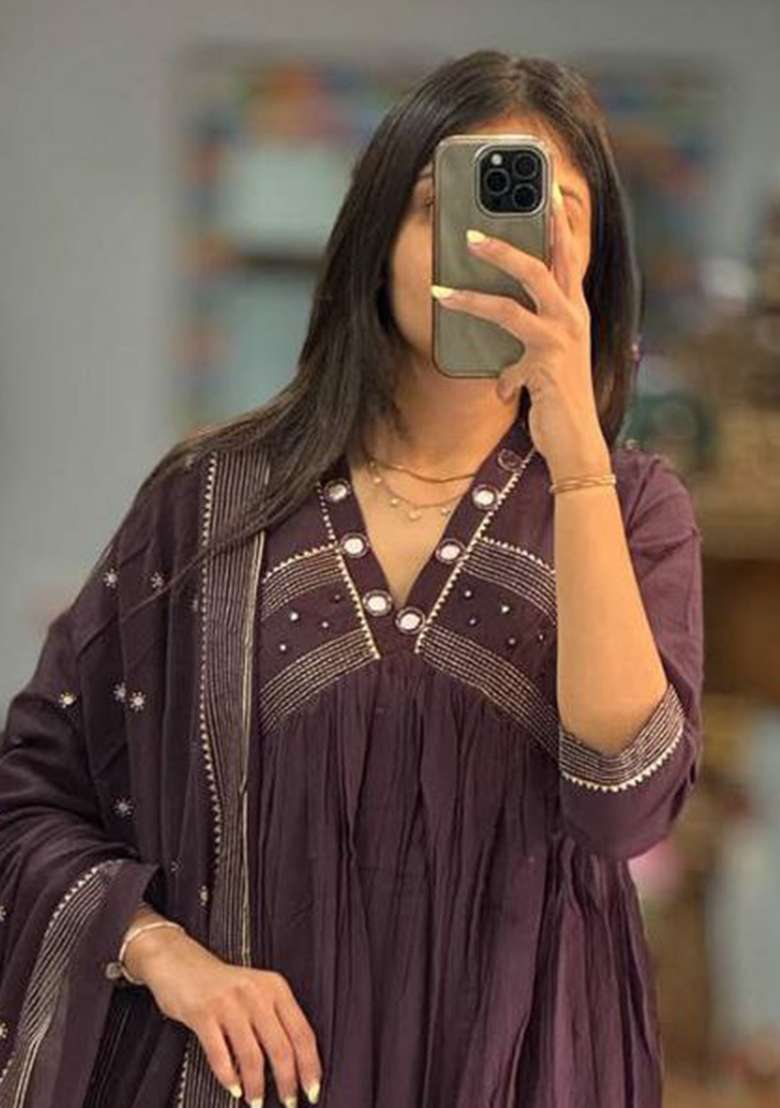 Purple Embroidery Cotton Kurta Set - Indya